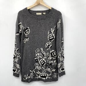 Anthropologie gray embroidered floral sweater